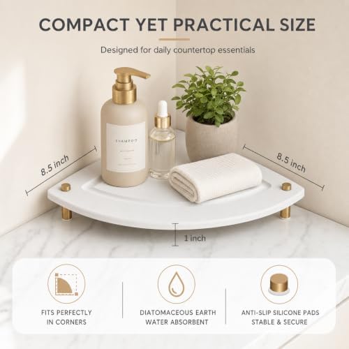 Corner Counter Shelf, Water Absorbing Stone Drying Tray Mat for Kitchen & Bathroom Sink, Diatomaceous Gold Faucet Coaster Soap Dish Rack Riser Dispenser Sponge Holder, Beige, 8.5" x 8.5" - Image 6
