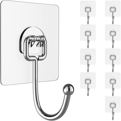 Large Hooks for Hanging Heavy-Duty 44Ib(Max) 10 Packs, Wall Hangers without Nails Self-Adhesive Traceless Clear and Removable, Waterproof and Rustproof Multiple Uses for Bathroom Kitchen Home by Latoxcaa-SpaceMaster