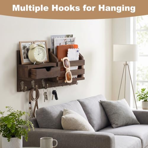 Wall Mount Key Holder with Mail Organizer Mail and Key Organizer with 7 Metal Hooks Storage Drawer Small Shelf Entryway Home Decor Rack Entry WayOrganizer for Coat Dog Leash - Image 6