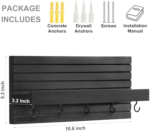 Lwenki Decorative Key Holder for Wall with Shelf, Entryway Shelf with Hooks Holds Leashes, Jackets and Glasses – Sturdy Wood Keyholder Entrance Hanger with Mounting Hardware (Black, Medium) - Image 2