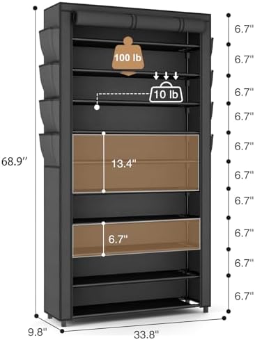 VTRIN Tall Shoe Rack with Cover, 10 Tier Shoe Organizer Storage for 50-55 Pairs Shoes and Boots Large Capacity Shoe Shelf with 8 Pockets Free Standing Shoe Rack for Closet, Entryway, Garage - Image 3