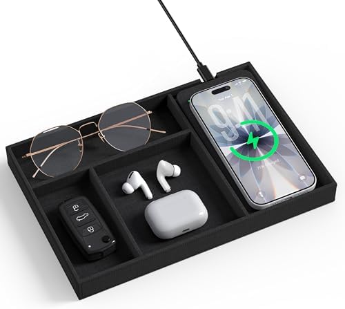 Valet Tray with Wireless Charger, Nightstand Organizer & Catchall Tray for Phone, Keys, Glasses and Accessories, Premium Linen, Stylish Desk & Bedside Storage Station, Black by wirelessfuturecharger