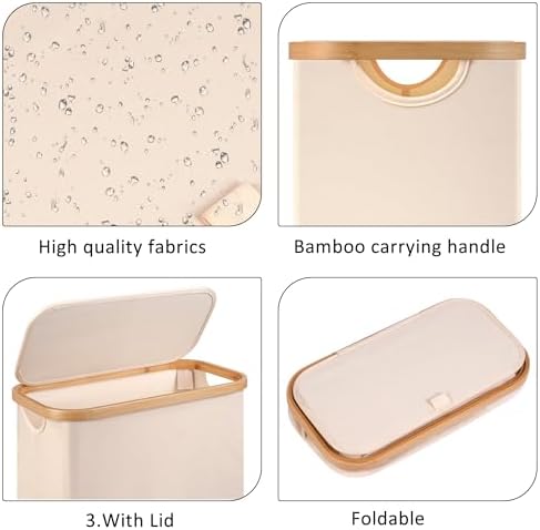 Slim Laundry Basket with Wheels,Narrow Hampers for Laundry,Freestanding Laundry Hamper with Lid&Bamboo Handles,Collapsible & Waterproof Tall Cloth Hamper for Dorm Family(60L Beige) - Image 2