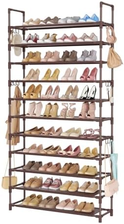 LANTEFUL 11 Tiers Tall Shoe Rack Holds 55 Pairs of Shoes with 18pcs Hooks Sturdy Wide Shoe Organizer Storage Free Standing Metal Shoe Shelf for Closet, Entryway Brown by LANTEFULforTidyingHouse