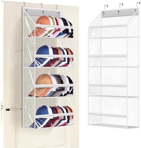 AOODA Clear Over the Door Hat Racks for Baseball Caps, Hold 48 Caps Hat Storage Organizer for Closet Wall, Deep Pockets Hanging Snapback Holder Shelves with 3 Hooks, White by AOODA