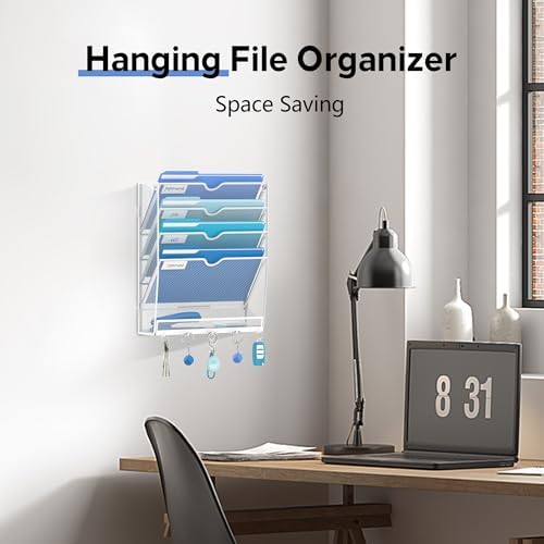 5-Tier Wall File Organizer and Mail Organizer with 5 Hooks, White - Image 4