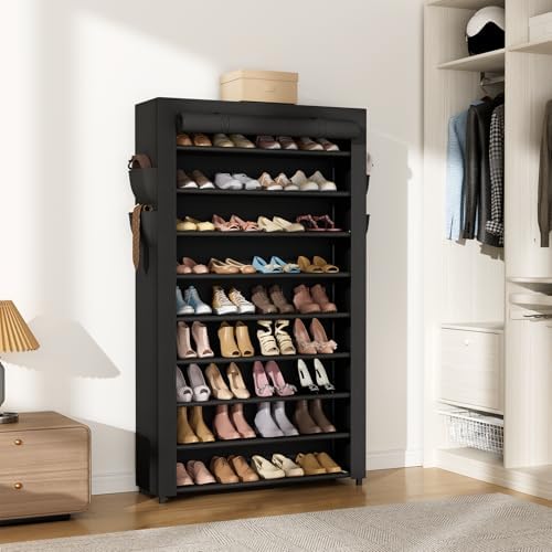 VILICK Shoe Rack with Cover Narrow Shoe Organizer with Pockets 10 Tier Tall Shoe Storage Holds 36-41 Pairs Shoes and Boots Shoe Rack for Closet Entryway Garage, Black - Image 7