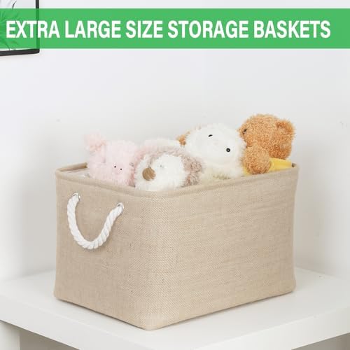 Bidtakay Large Storage Baskets for Shelves 3 Pack Fabric Storage Bins for Organizing Linen Collapsible Organizer for Closet-Flaxen - Image 4