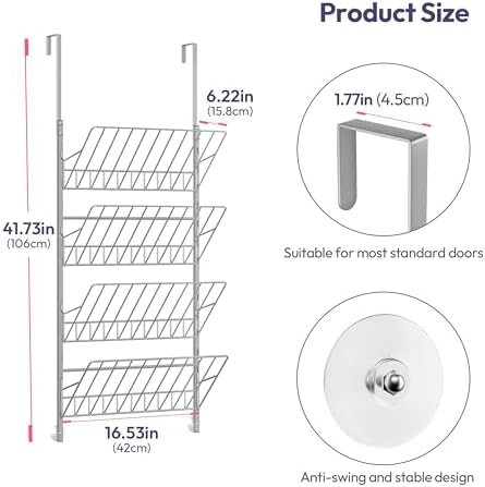 SWTYMIKI Over the Door Shoe Organizer - Adjustable 4 Tier Hanging Shoe Rack Organizer, Metal Heavy Duty Behind Door Storage or Wall Mount Shoes Shelf for Flats, Heels, Sneakers, Boots, Silver - Image 3