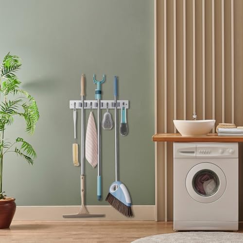 OUTNILI White Mop Broom Holder Wall Mount with 3 Slots & 4 Hooks - Wood Broom Mop Hanger for Pantry Kitchen Organization - Garden Tool Organizer for Closet Laundry Room - Image 3