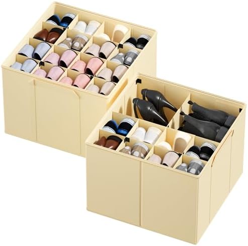 SpaceAid Shoe Organizer for Closet, 2 Pack Foldable Shoe Storage Containers Baskets Boxes Bins w/Adjustable Dividers, Fits 16-32 Pairs, Beige by SpaceAid