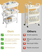 3 Tier Rolling Cart Organizer with Wheels, Metal Utility Storage Cart for Nursery, Bathroom, Kitchen, Craft Room & Laundry Room, Includes Hanging Baskets and Rope Storage Bin, White - Image 6