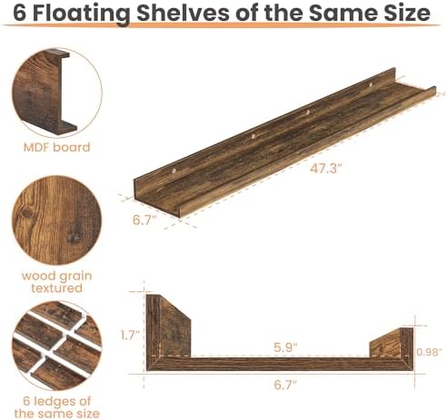 upsimples Floating Shelves for Wall Decor and Storage, Brown, 6Pcs 47.3'' - Image 2