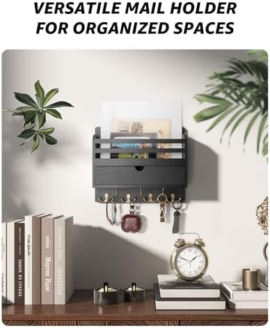 Rebee Vision Mail Organizer Wall Mount with 7 Key Hooks for Entryway, Black - Image 2