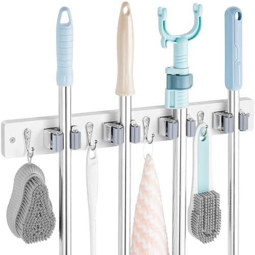 OUTNILI White Mop Broom Holder Wall Mount with 4 Slots & 4 Hooks - Wood Broom Mop Hanger for Pantry Closet Laundry Room Organization - Heavy Duty Garden Tool Organizer - White Kitchen Decor by OUTNILI