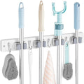 OUTNILI White Mop Broom Holder Wall Mount with 4 Slots & 4 Hooks - Wood Broom Mop Hanger for Pantry Closet Laundry Room Organization - Heavy Duty Garden Tool Organizer - White Kitchen Decor by OUTNILI