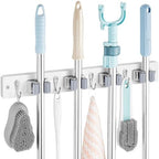 OUTNILI White Mop Broom Holder Wall Mount with 4 Slots & 4 Hooks - Wood Broom Mop Hanger for Pantry Closet Laundry Room Organization - Heavy Duty Garden Tool Organizer - White Kitchen Decor by OUTNILI