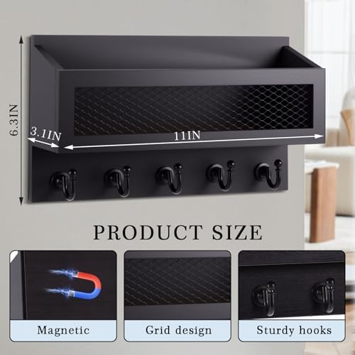 Colingmill Magnetic Mail and Key Holder with 5 Hooks for Wall, Black - Image 2