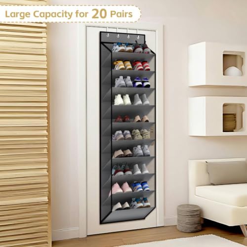 KEEPJOY 10 Tiers Mesh Over Door Shoe Organizer Storage, Hanging Shoe Holder for Door with Large Deep Pockets, Holds 20-30 Pairs of Shoes, Ideal for Sneakers & Boots(Grey) - Image 4