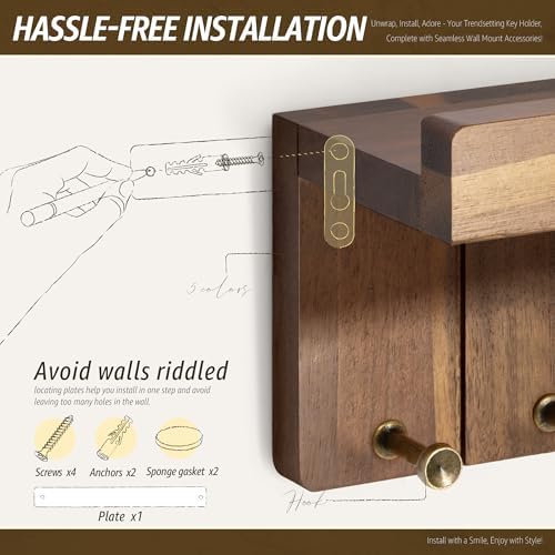 Rebee Vision Acacia Wood Key Holder Wall Mount for Room Decor, Brown - Image 6
