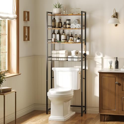 Over The Toilet Storage Shelf, 4-Tier Bathroom Organizer with Basket & Hooks, Sturdy Space Saver for Small Bathrooms, Rustic Brown & Black - Image 4
