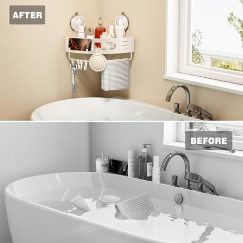 Voldra Corner Shower Caddy Suction Cup, Aluminum Corner Shower Shelves for Wall No Drilling, Large Suction Cup Shower Organizer with Towel Bar & Hooks Removable Bathroom Storage (1 Pack-Cream White) - Image 5
