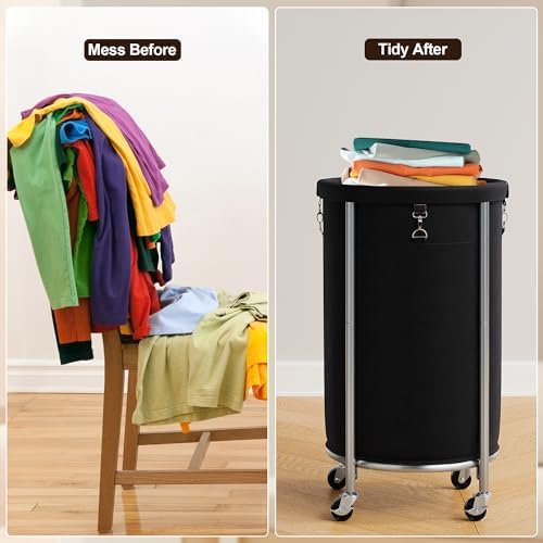 ELYKEN Laundry Basket with Wheels, Round Rolling Laundry Hamper, Black - Image 7
