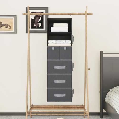 6-Shelf Hanging Closet Organizer with 5 Drawers, Non-Woven, Dark Gray | Spacious compartments sort clothes & undergarments; foldable drawers add hidden storage for closets, wardrobes or RVs. - Image 6