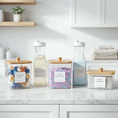 3+2 Pack Laundry Pods Containers & Dryer Sheet Holder & Laundry Detergent Dispenser, Laundry Room Organization and Storage Jars with Lids, Labels and Scoops for Scent Booster, Powder, Pods - Image 5