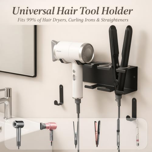 Hair Tool Organizer, Stainless Steel Hair Dryer and Straightener Holder, Curling Iron Holder Wall Mount 3-in-1 Storage for Bathroom, Hair Dryer Holder Black BANJEKT - Image 2
