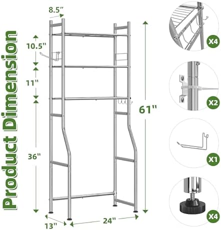 Simple Trending 3 Tier Over The Toilet Rack, Bathroom Shelves with 4 Hooks and Paper Holder, Bathroom Stand Organizer Space Saver, Chrome - Image 2