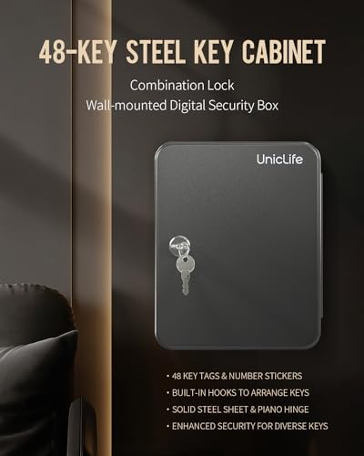 Uniclife 48-Key Steel Key Cabinet with 2 Unlocking Keys Wall Mounted Key Organizer Black Frosted Security Box with Hooks and Key Tag Labels Identifiers in 9 Assorted Colors - Image 5