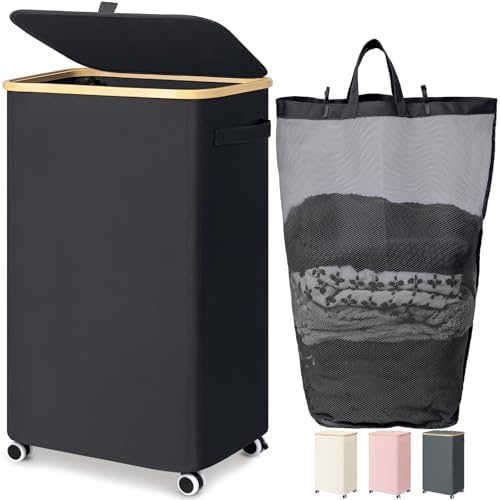 Goodpick 100L Large Rolling Laundry Basket with Wheels and Lid, Black by Goodpick