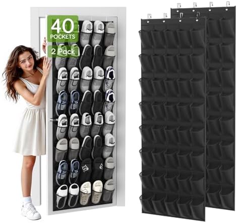 Over the Door Shoe Organizer with 40 Large Breathable Mesh Pockets, Space Saving Shoe Holder, Hanging Shoe Rack for Entryway Bedroom Closet Storage (Black, 80 Pockets) by Unjumbly