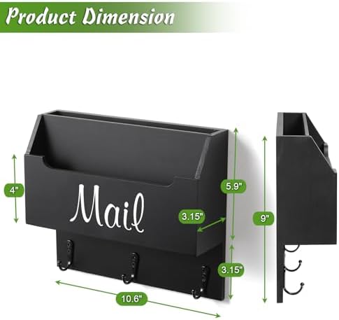 DRASTAR Mail Organizer Wall Mounted, Wooden Mail Sorter & Key Holder for Wall, Hanging Mail Organizer, Black Mail Basket for Home Office - Image 3
