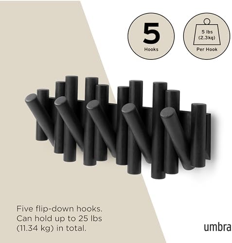 Umbra Picket Coat Rack, Wall Mount 5 Flip-Down Coat Hooks, Black - Image 5