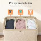 Lifewit 185L 3 Section Laundry Hamper with Lid, Laundry Basket, Beige - Image 3