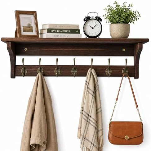 Wall Mounted Coat Rack with Shelf, Solid Wood & Bronze Metal Hooks – 31.1 Inch Entryway Organizer with 7 Hooks for Hanging Coats, Hats, Bags, Keys, Rustic Brown for Hallway，Bedroom（31.1 Inch） by Sifenma