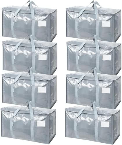 TICONN 8 Pack Extra Large Moving Bags Heavy Duty with Zippers & Carrying Handles, Durable Storage Bags Moving Boxes for Closet Organizers and Storage (8 Pack, Light Grey) by TICONN