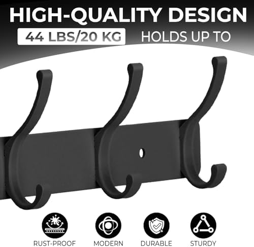 Wall Mount Coat Rack 2 Pack, Black Coat Hooks Hanger with 6 Double Hooks - Image 3
