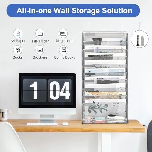 EasyPAG Wall File Holder 10 Tier Mesh Hanging Folder Organizer with Flat Tray Wall Mounted Mail Organizer Magazine Paper Desk Shelf with Nametag Label for Office Home School, Silver - Image 4