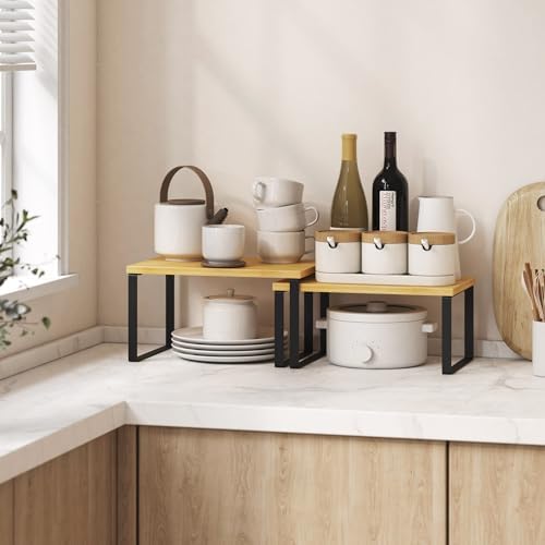 Kitchen Cabinet Organizer Shelf Set of 4, Sturdy Kitchen Counter Shelves with Metal Legs, Stackable Expandable Wood Spice Rack Pantry Cupboard Dish Mug Cup Storage Organizer Shelf,Black+Bamboo - Image 2