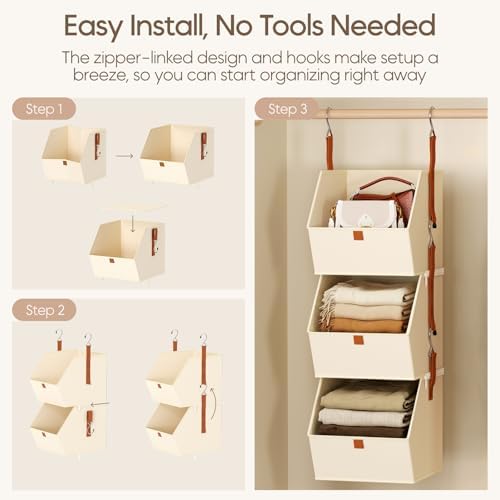 Homsorout Collapsible Hanging Closet Organizer - 6 Tier Closet Shelves Storage System with Hooks, Fabric Hanging Storage Bins for Clothes, Foldable Storage Basket for Laundry, Bedroom, Rv, Beige - Image 7