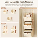Homsorout Collapsible Hanging Closet Organizer - 3 Tier Closet Shelves Storage System with Hooks, Fabric Hanging Storage Bins for Clothes, Foldable Storage Basket for Laundry, Bedroom, Rv, Beige - Image 7