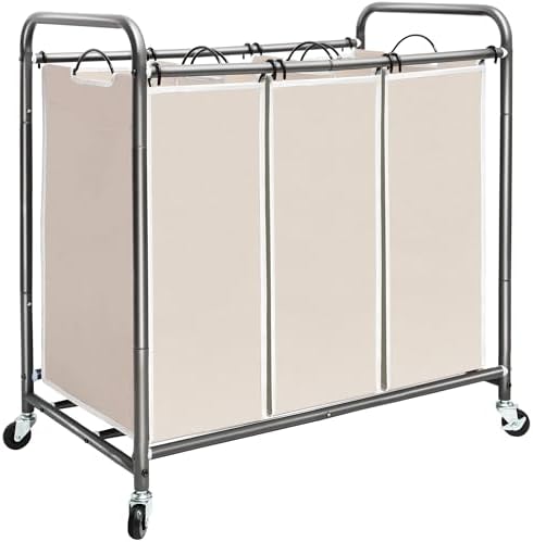 STORAGE MANIAC 3 Section Laundry Sorter, 35.6 Gal (135 L) Laundry Hamper Cart with Heavy Duty Rolling Lockable Wheels and Removable Bags, Clothes Organizer Basket Separator Hamper, Beige by STORAGEMANIAC