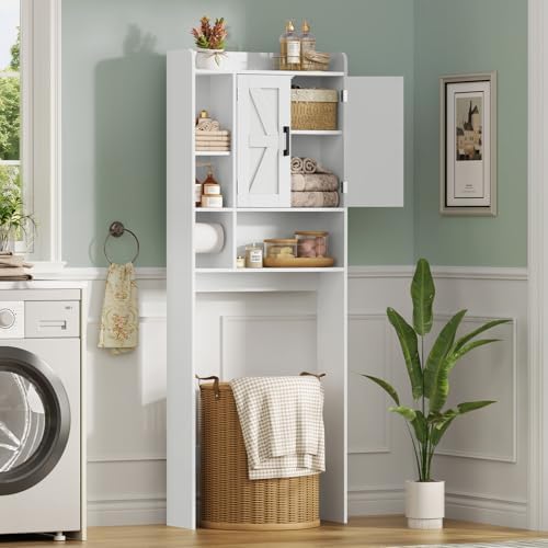TEENFON Over The Toilet Storage Cabinet with 4 Open Shelves and Adjustable Shelf, Extra Tall Bathroom Organizer Unit with 2 Barn Doors, Home Space Saver for Bathroom, Laundry Room, White - Image 4