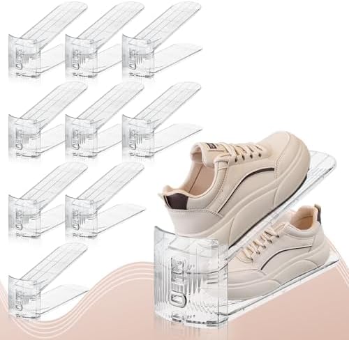 FENRUNXU 10 Pack Transparent Shoe Stacker,Shoe Slots Organizer for Closet, Shoe Display Space Saver,Adjustable Shoe Rack Organizer Holder for High Heels,Sneakers(Transparent) - Image 2