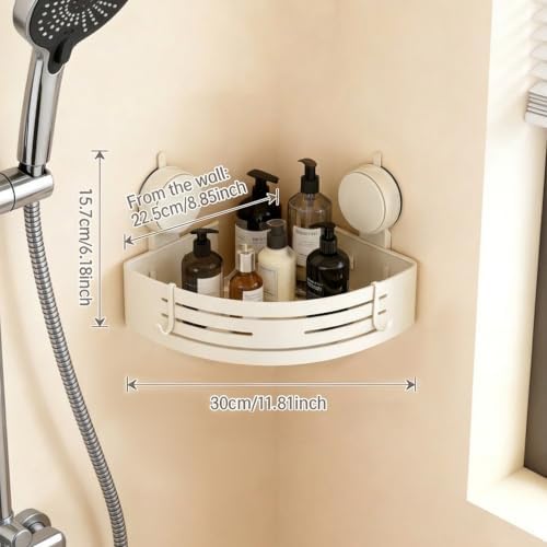 No-Drilling Corner Suction Cup Shower Caddy(1-Pack Cream White),Rust-Proof and Durable Bathroom Organizer with Towel Bar & Hooks,Modern Large-Capacity Wall-Mounted Shower Shelf - Image 4