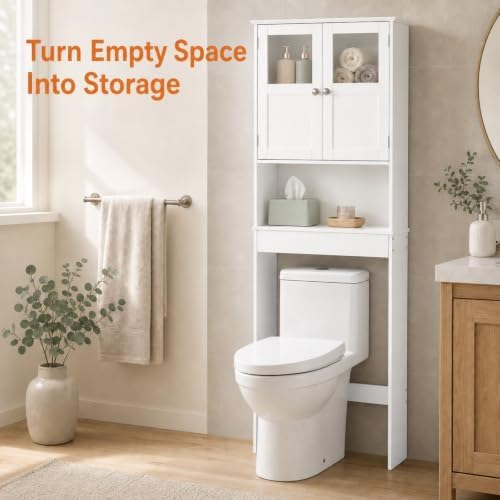 VINGLI Over The Toilet Storage Cabinet White Bathroom Storage Organizer Above the Toilet Shelf with Acrylic Glass Double Doors Wood Muebles para BañO Rack with Adjustable Shelf - Image 3