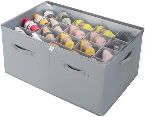 TOPIA HOME Shoe Organizer for Closet, Foldable Shoe Box with Adjustable Dividers and Clear Cover, Space Saving Shoe Storage Organizer Cabinet with Reinforced Handles, Fits 20 Pairs, Gray, TP10G by TOPIAHOME